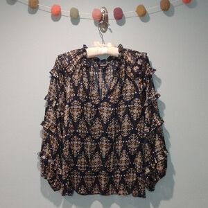 Express Navy Floral Ruffle Long-Sleeve Blouse